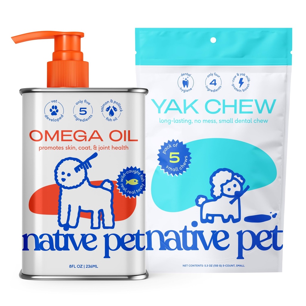 Köpekler için Yerli Pet Omega Oil - Fish Oil Supplements 8 Oz & 5 Köpekler için Küçük Yak Chews | Pasture-Raized ve Organik Yak Peynir Himalaya Churpi