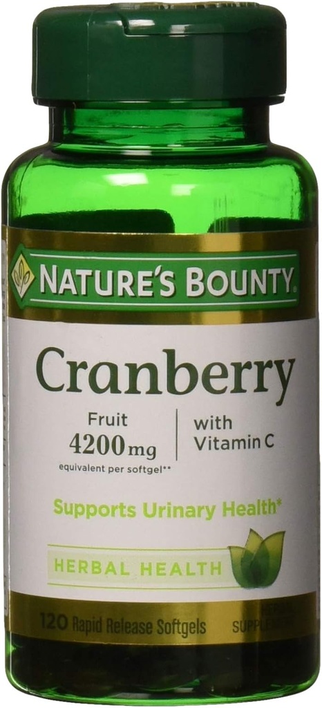Nature's Bounty Cranberry, Herbal Health Supplement with Vitamin C, Supports Urinary Health, 4200 mg, 120 Softgels