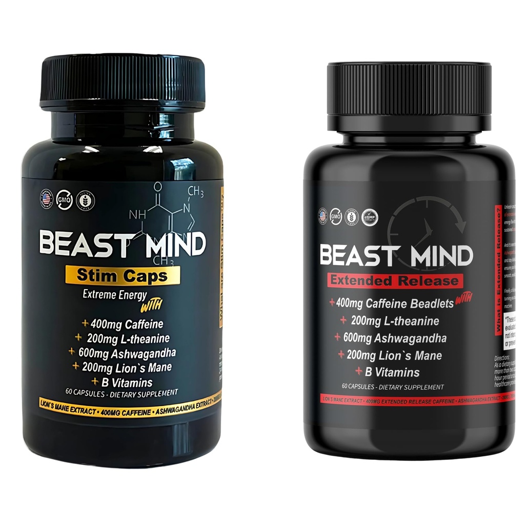 Beast Mind Dual-Energy System Bundle | Fast-Acting & Extended Release Energy Pills | 400mg Caffeine, 600mg Ashwagandha, 200mg Lions Mane | All-Day Nootropic Focus & Mood Support | 120 Capsules (60+60)