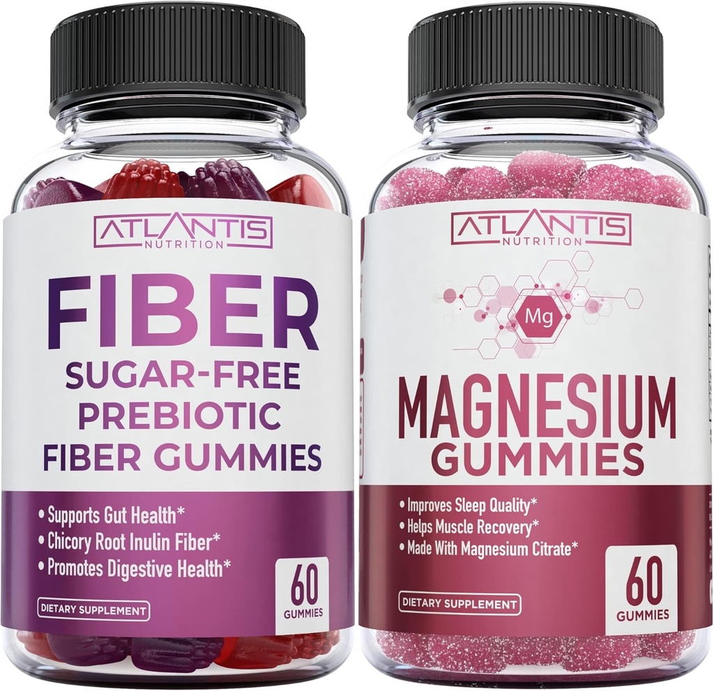 Atlantis Beslenme Sugar Free Prebiyotik Fiber Gummies for Yetişkinler 2Pack (120 Gummies) + Magnezyum Gummies - 770 MG Citrate 60 Gummies