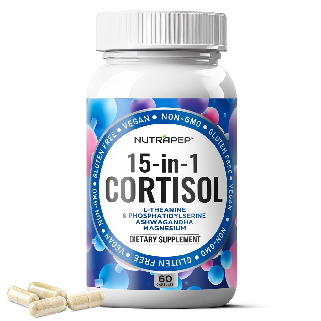 NutraPep Cortisol Detox Supplement Men Women - Reduce Lower Cortisol High Cortisol Reducer Blocker Control - Supports Stress Mood Rest Adrenal Calm Relax with Ashwagandha L-Theanine Magnesium