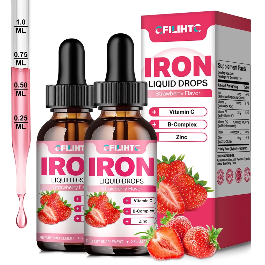 Kadınlar için sıvı Demir Supplement & Çocuklar için Multivitamin Demir Durağı, C, B6, B12, Anemi, Iron Deficiency, Blood Builder, Enerji - Doğal Strawberry Flavor, Vegan 4 Fl Oz Oz