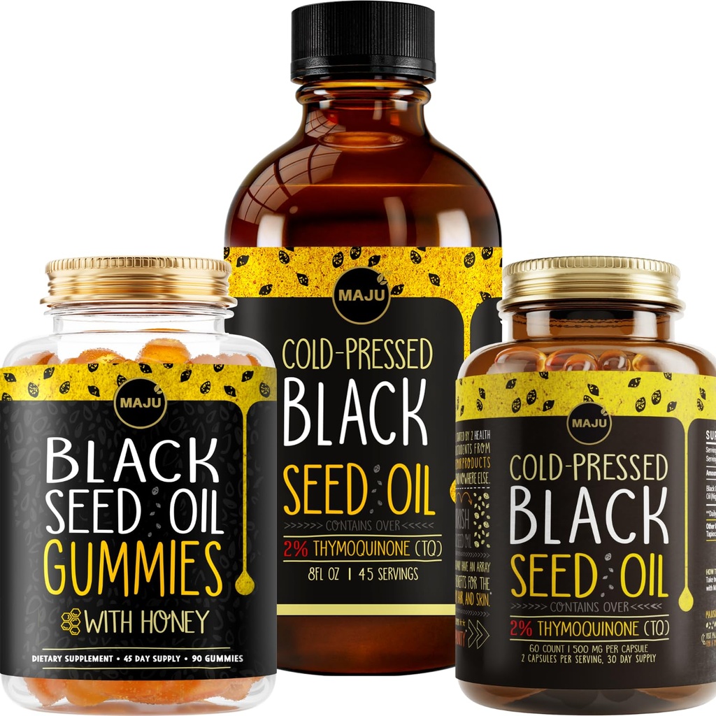 Maju Superfoods Μαύρο Έλαιο Σπέρματος 3-σε-1 Bundle, Gummies, Κάψουλες, & Υγρό