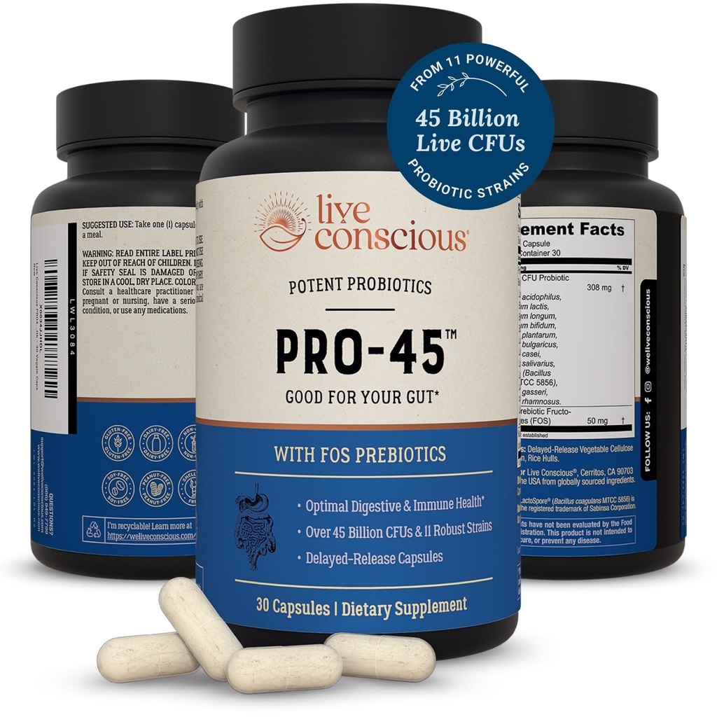 Kadınlar ve Erkekler için Canlı Bilinçli PRO45 Probiyotikler: Kapsamlı Formula, 45 Milyar CFU, 11 Strains, Süt Free - w/Prebiyotikler ve Probiyotikler - Immune & Gut Health - 30 Veggie Caps