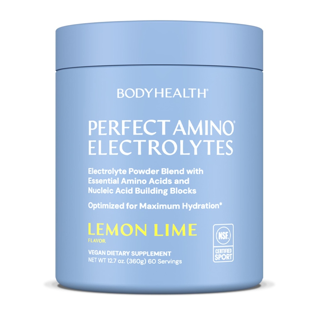 BodyHealth PerfectAmino Electrolytes Powder No Sugar, Hydration Fasting Keto Zero Sugar Electrolytes Drink Mix with Trace Minerals - NSF Certified for Sport - Lemon Lime - 60 Servings