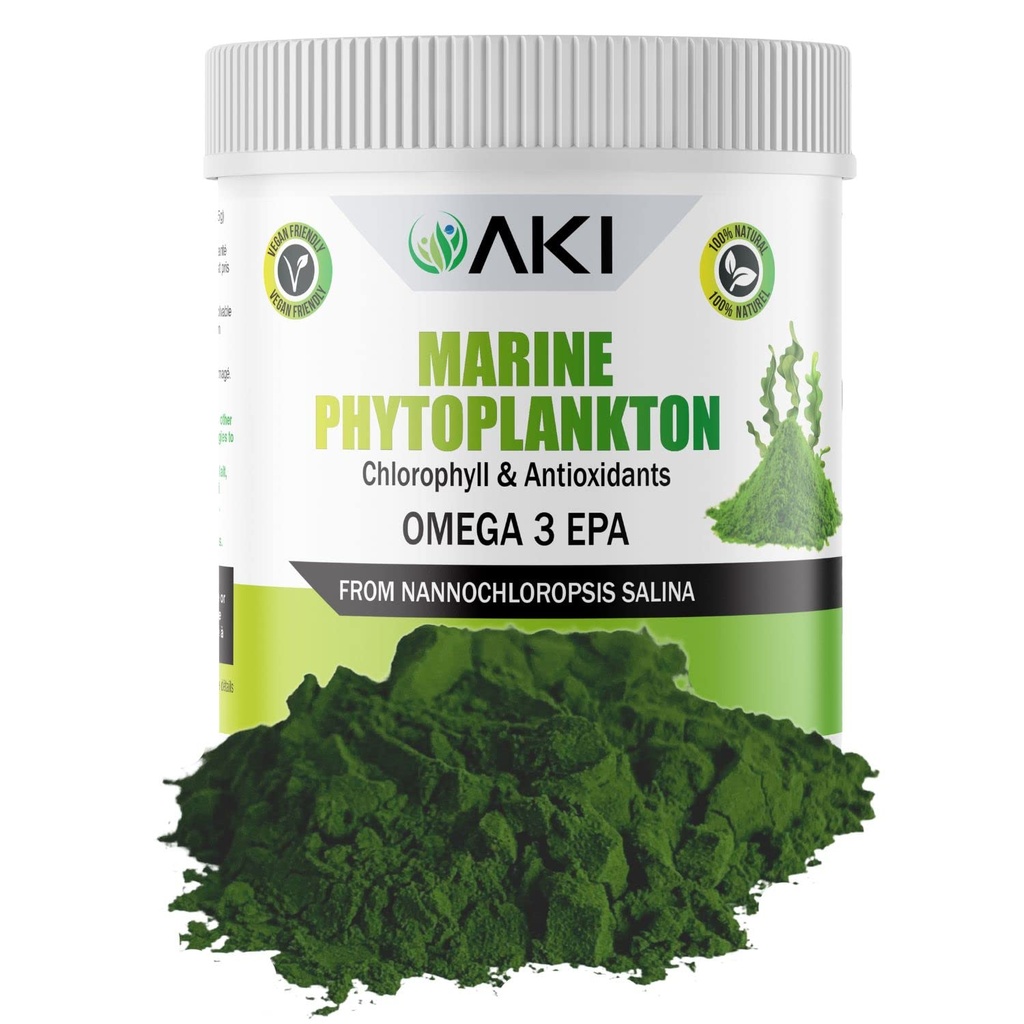 AKI Marine Phytoplankton Powder - Source of Raw Omega-3 EPA Micro Algae Nannochloropsis - Πρωτεΐνες με βάση το φυτό, Βιταμίνες για Συνολική Ευεξία - Πλήρης Πηγή Πρωτεΐνης, Vegan & GMO Free (2oz/57g)