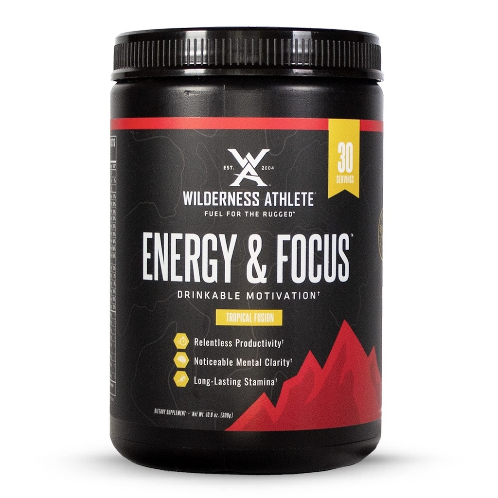 Wilderness Athlete - Energy & Focus | Energy Booster for Women & Men - Energy Drink Mix with Natural Caffeine - Low-Carb, Zero Sugar Energy Drink Powder - 30 Serving Energy Drink Tub (Tropical Fusion)