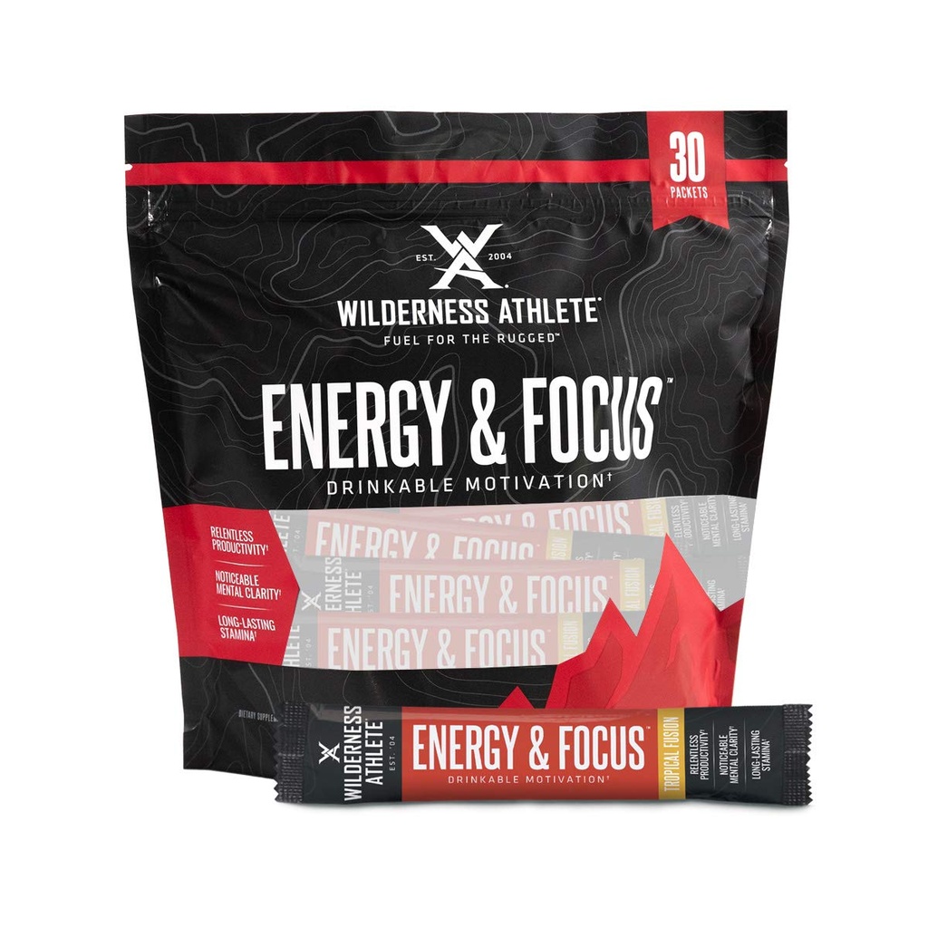 Wilderness Athlete: Energy & Focus, Powder Energy Drink Mix, Tropical Fusion, 30Count Single Serving Packets, Low-Carb, Zero Sugar, No Crash, Natural Caffeine from Green Coffee Bean