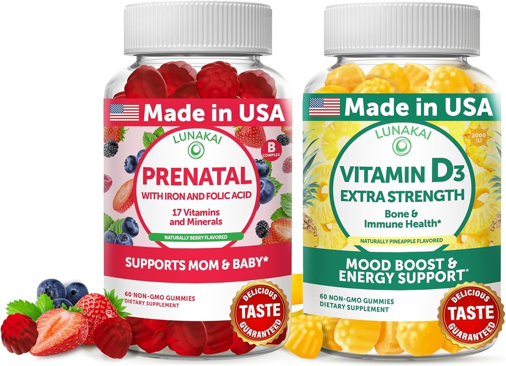 Lunakai Προγεννητική και βιταμίνη D3 Gummies Bundle - Εγκυμοσύνη Πολυβιταμίνη Gummy με σίδηρο & φολικό οξύ - Ασυλία, οστά και διάθεση συμπλήρωμα υποστήριξης για ενήλικες - 30 ημέρες προσφοράς