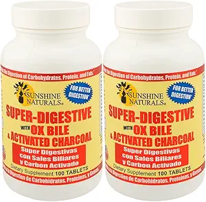 Sunshine Naturals Super Digestive Supplement. Ox Bile & Aktif Charcoal for Digestive Support, Bloating Relief, Gut Cleanse, Nutrient Abors ve genel Wellness için. 100 Tablet. Pack of 2