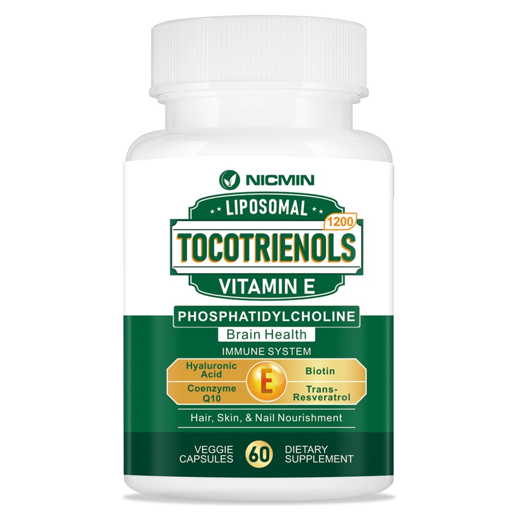 1200MG Βιταμίνη Ε Τοκοτριενόλες Λιποσωμικές Τοκοτριενόλες Συμπλήρωμα με Φωσφατιδυλοχολίνη, 95% Δ-τοκοτριενόλες και 5% Γ- τοκοτριενόλες, Υψηλή Απορρόφηση για Καρδιά, Εγκεφαλική Λειτουργία 60 Κάψουλες