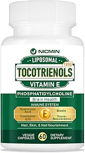 1200MG Vitamini E Tocotrienols Liposomal Tocotrienols Supplement with Phosphatidylcholine,% 95 Delta-tocotrienols and% 5 Gamma-tocotrienols, High Abxia for Heart, Brain Function 60 Capsules
