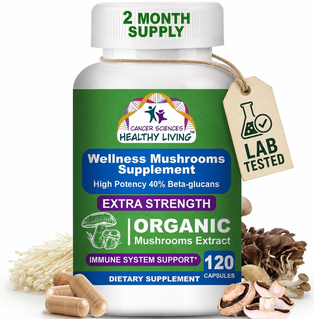 Kanser Bilimleri Organik Mushroom Supplement Capsules - 1.500 mg Non-GMO Wellness Mushroom Kompleksi% 40 Beta-Glucans - Türkiye Tail, Reishi, Cordyceps, Chaga Extract for Brain & Immune Support 120 Capsules