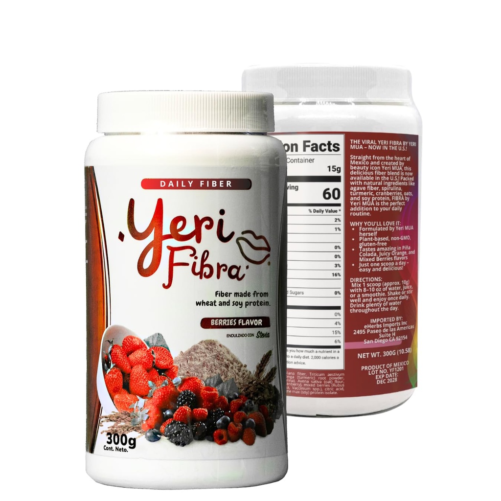 Frutos Rojos (Berries) Flavor - Daily Fiber - Exotic Delicious Flavors, Wheat and Soy Protein, 300g (10.5oz) - Las Originales Virales de Yeri.