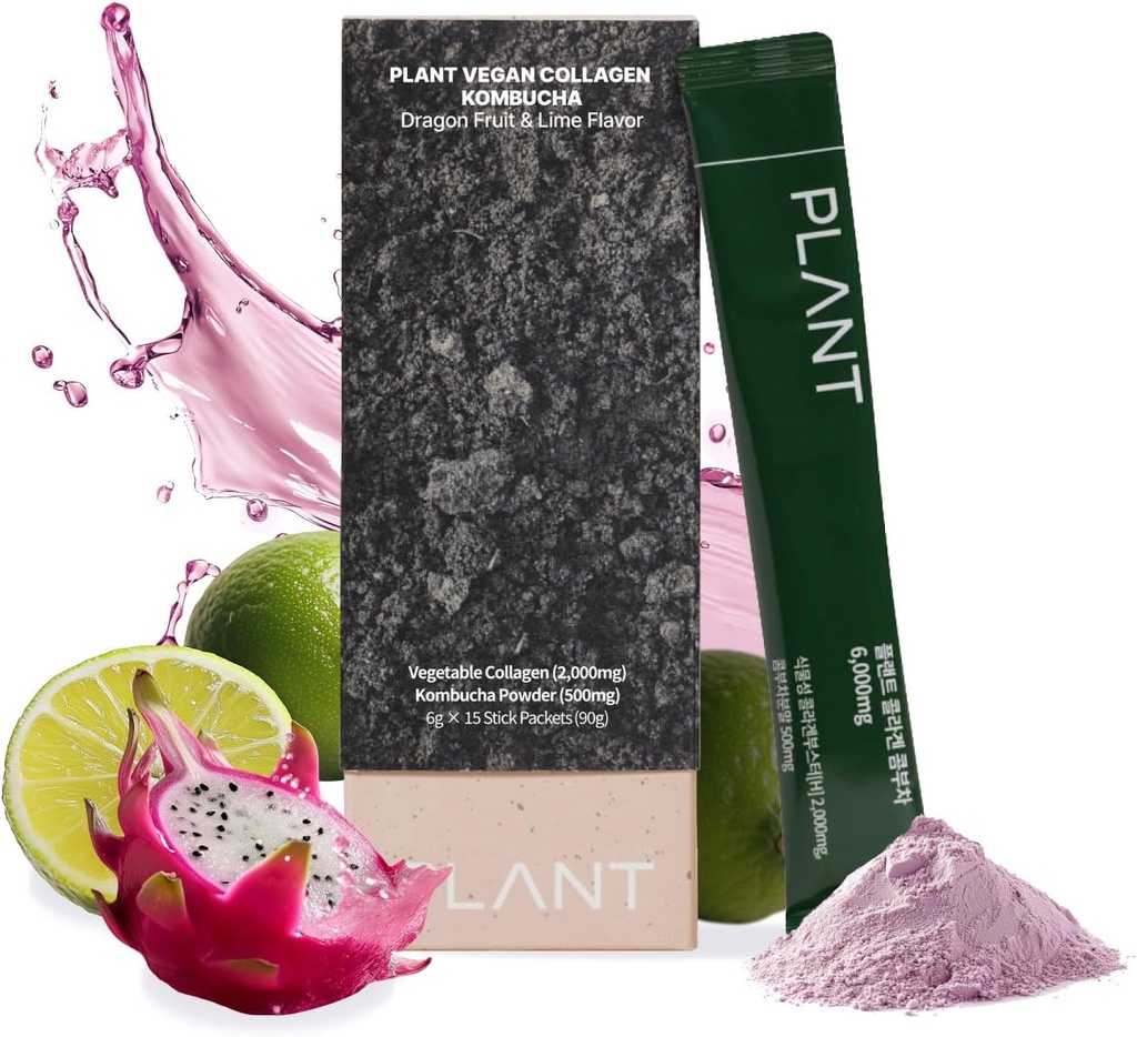 PLANT Vegan Collagen Peptide, Kombucha Toz, Probioitics, C | 2000 mg Tripeptid Vegetarian Collagen Branson, Dragonfurt Lime | 15 Packets, Gut & Skin Health Anti-Aging Hydration Drink Mix