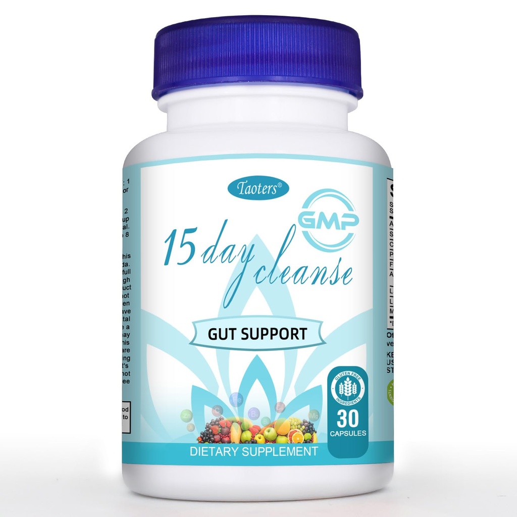 TAOTERS 15 Day Cleanse Gut Support 1 Pack, Detox Supplement with Senna, Cascara Sagrada & Psyllium Husk, for Men and Women | 30 Capsules