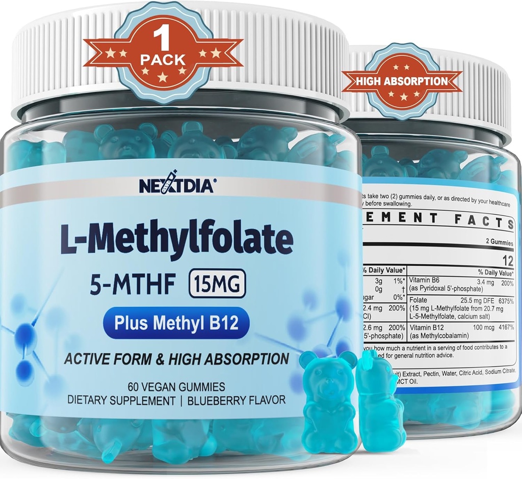 L-MethylFolate 15mg & Methyl B12 Gummies, Methyl B1, B2, B6 Çokvitaminler - Aktif 5MTHF & High Abvitamin - Destekler MTHFR Gen, Cognition, Homocysteine Seviyeleri, Folate Metabolism, Vegan, 60 Cts
