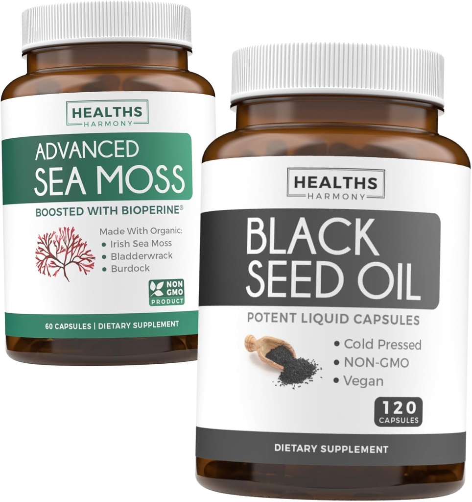Μαύρος Σπόρος & Θαλάσσια Μος (1-Month Supply) Nourishing Nature Bundle of Black Seed Oil 120 κάψουλες Softgel (Non-GMO & Vegan) Ψυχρό-Pressed Nigella Sativa & Irish Sea Moss Κάψουλες (Non-GMO & Organic)