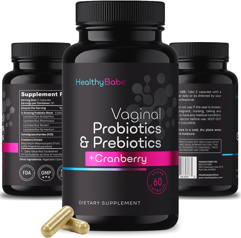 Kadın için sağlıklı Babe Vaginal Probiyotikler + Prebiyotikler ve Cranberry Pills, pH Denge, Sağlıklı Odor, Yeast, Immune Support, Pozitif Microbiome Health, Women's Acidofilius Probiyotik, 60 Vegan Capsules