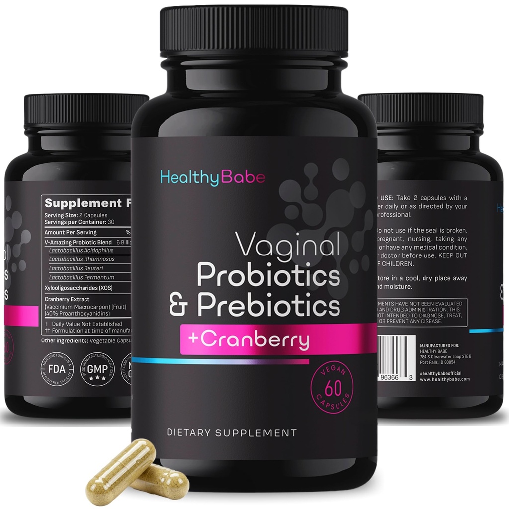 Kadın için sağlıklı Babe Vaginal Probiyotikler + Prebiyotikler ve Cranberry Pills, pH Denge, Sağlıklı Odor, Yeast, Immune Support, Pozitif Microbiome Health, Women's Acidofilius Probiyotik, 60 Vegan Capsules