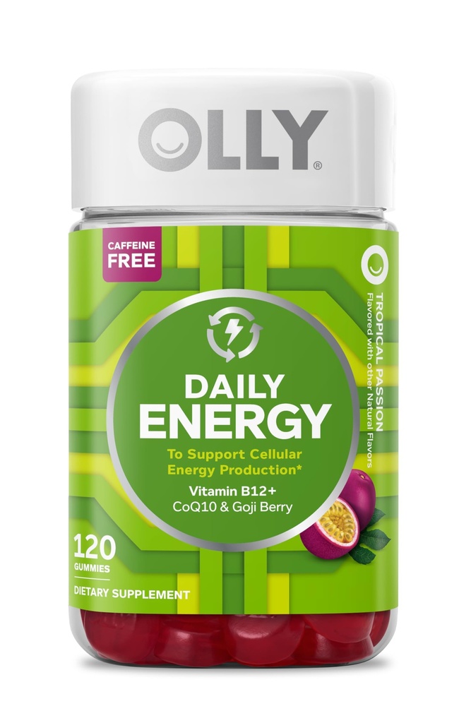 OLLY Daily Energy Gummy, Caffeine Free Cellular Energy Production,* Vitamin B12, CoQ10, Goji Berry, Adult Chewable Supplement, Tropical Passion Flavored, 60 Day Supply - 120 Count