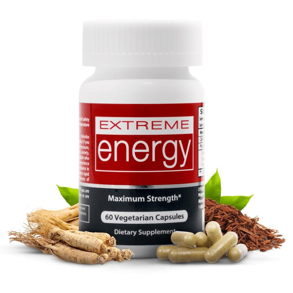 Herbal Nitro Extreme Energy Pills - 6 to 10 Hour Boost, No Crash or Jitters Maximum Strength Natural Energy Supplement for Women & Men - Fatigue, Focus & Motivation (60 Count)