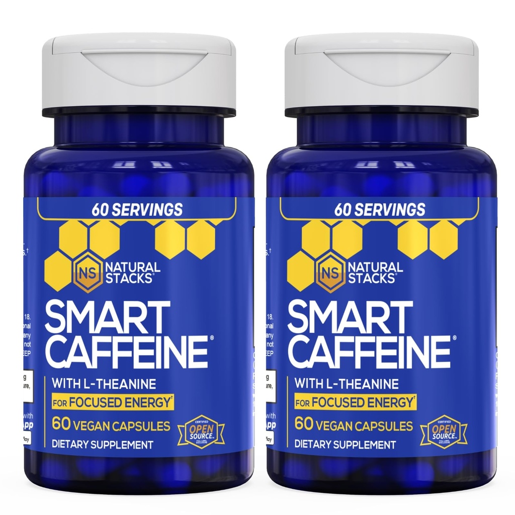 NATURAL STACKS Smart Caffeine Pills - 100mg Caffeine + 200mg L-Theanine Supplement - Supports Energy and Focus - No Jitters and No Crash - 60 Capsules (Pack of 2)