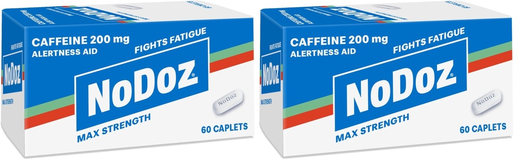 NoDoz 200mg Caffeine Pills Maximum Strength, 60 Caplets Total, (Pack of 2)