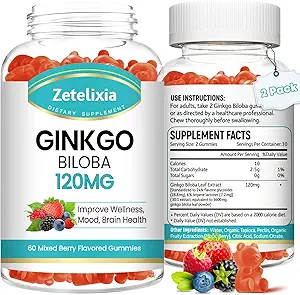 2 Πακέτο Ginkgo Biloba Gummies για γυναίκες και άνδρες, συμπλήρωμα εγκεφάλου Βελτίωση καλύτερη διάθεση και εστίαση, Vegan μικτή γεύση μούρου 120 κόμης
