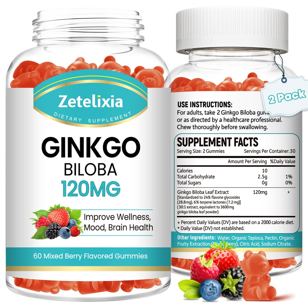 2 Pack Ginkgo Biloba Gummies for Women and Men, Brain Supplement Better Mood and Focus, Vegan Karma Berry Flavor 120 Kont