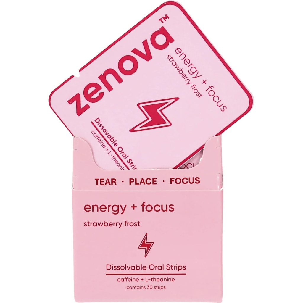 Zenova™ Energy + Focus Dissolvable Oral Strips, Strawberry Frost Flavor, Caffeine + L-Theanine, 30 Strips - Natural Energy Boost, Made in USA