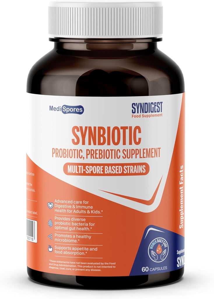 Syndigest probiyotik kadınlar ve erkekler için günlük bakım 5 probiyotik ve prebiyotik sular, denge bağırsak sağlığı ve kabızlığı rahatlatır, seyahat dostu, 60 kapsül (2 milyar CFU/serving)