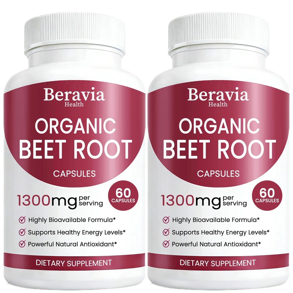 Organic Beet Root Capsules, Beetroot Capsules 1300mg | 60 Capsules, 30-Day Supply | Health & Energy Support | Natural, Vegan & Non-GMO | Beet Root Supplement for Women & Men (2 Bottle)