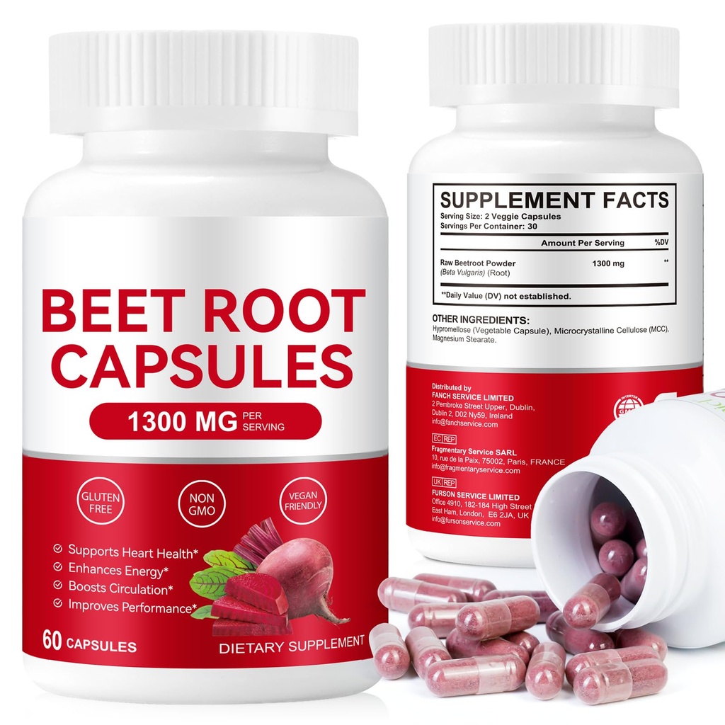 Beet Root Capsules, 1300mg Organic Beetroot Powder, Beet Root Supplements for Natural Energy & Endurance Support, Non-GMO, 60 Capsules