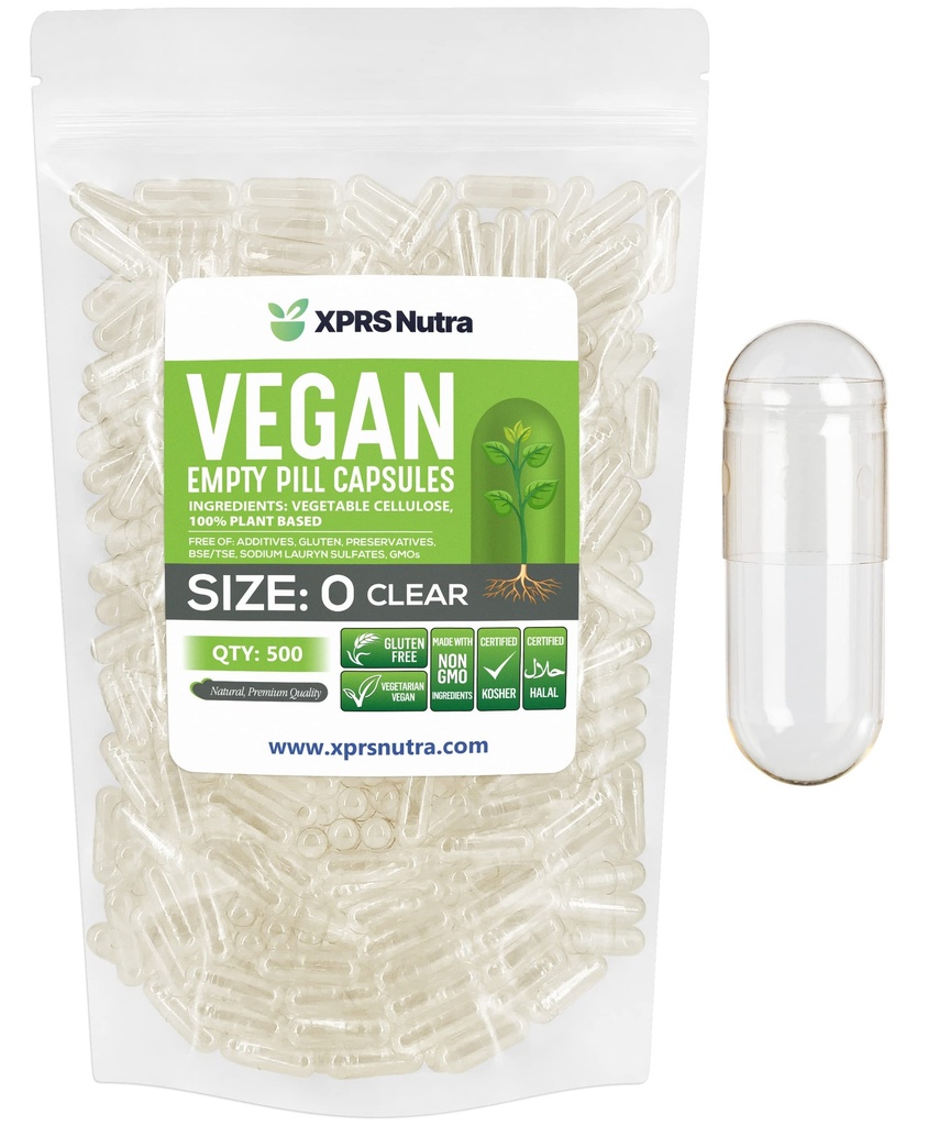 XPRS Nutra Boyutu 0 Boş Kapsüller - 500 Kont Clear Boş Vegan Capsules - Vejetaryen Pills - DIY Sebze Kapsülü - Veggie Pill Caps For Do-It- Yourself Supplements