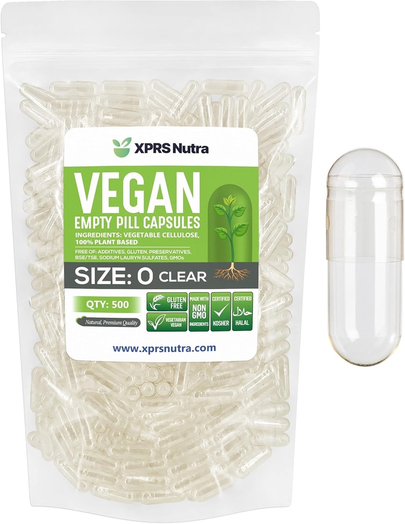 XPRS Nutra Boyutu 0 Boş Kapsüller - 500 Kont Clear Boş Vegan Capsules - Vejetaryen Pills - DIY Sebze Kapsülü - Veggie Pill Caps For Do-It- Yourself Supplements