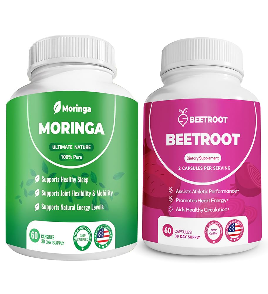 Organic Beet Root Capsules (1300mg) & Pure Moringa Capsules (800mg) – 60 Capsules Each, Non-GMO & Vegan Supplement – Supports Energy, Endurance, Blood Flow, Immune System, Skin & Gut Health | Green An