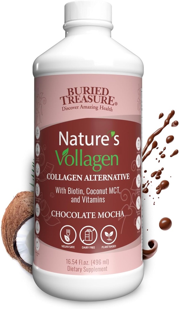 Buried Treasure Nature's Vollagen – 2000 mg Vollagen Kompleksi, Skin, Saç ve Ortak Sağlık, 100% Plant-Based, Gluten-Free, Soy-Free, Dairy-Free Chocolate, Mocha Flavor, 16oz Liquid