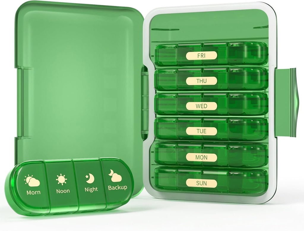 Haftalık Pill Organizer 4 Times a Day, 7 Day Pill Box 4X, Seyahat Pill Case for Pills /Vitamin /Fish Oil /Medication /Supplements (4x7 Green)