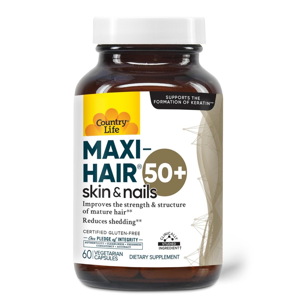 Country Life Maxi-Hair 50+ – Biotin-Based Hair, Skin & Nails Supplement for Women & Men Over 50 | Supports Health Hair growth & Reduced Shedding | sertifikalı Gluten-Free & Vegetarian | 60 Capsules