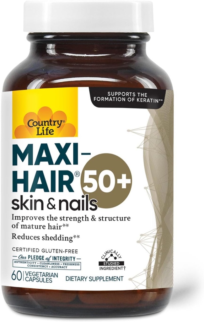 Country Life Maxi-Hair 50+ – Biotin-Based Hair, Skin & Nails Supplement for Women & Men Over 50 | Supports Health Hair growth & Reduced Shedding | sertifikalı Gluten-Free & Vegetarian | 60 Capsules