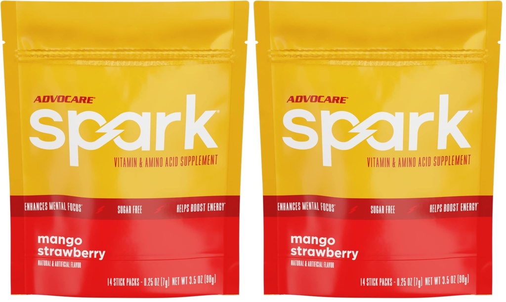 AdvoCare Spark Vitamin & Amino Acid Supplement - Focus & Energy Drink Powder Mix with Vitamin A, B-6, C & E - Also Includes L-Carnitine & L-Tyrosine - Mango Strawberry, 14 Stick Packs (Pack of 2)