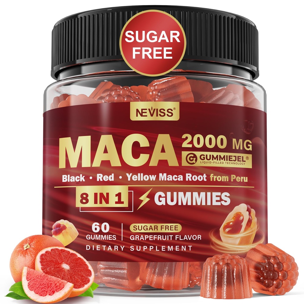 Maca Root Gummies 2000 mg for Women Men | Sugar Free | Organic Black, Red, Sarı Maca Root Supplement Gummy Chews with Ashwagandha Ginseng & çinko | Vegan, Non-GMO, Grapetre Flavor, 60 Countpetre