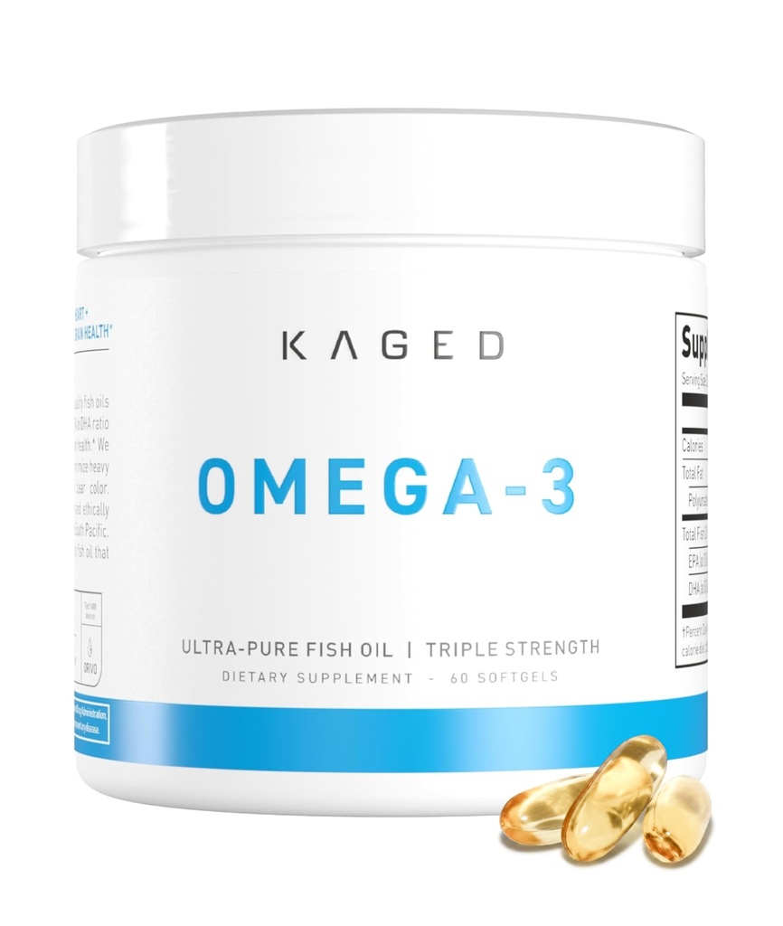 Kaged Omega 3 Fish Oil Συμπλήρωμα, 3000mg Ωμέγα 3 Λιπαρά Οξέα με EPA & DHA, Ultra-Pure, Χωρίς Ψάρια Burps, 60 Χάπια
