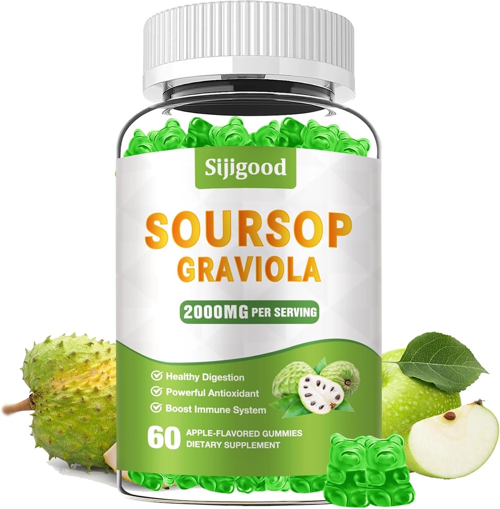 Sugar Free Soursop Graviola Gummies - Βιολογικά Φύλλα Καρπού & εκχύλισμα φρούτων - Digestive Aid, Immune Support & Antioxidant Properties - 60 Apple Flavored Gummies