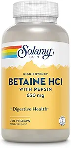 Solaray High Potency Betaine HCL with Pepsin - Hydrochloric Acid Supplement for Digestive Health - with Betaine Hydrochloride and Digestive Enzymes - Υποστήριξη για την Υγεία των Ούρων - 60 ημερών εγγύηση, 250 VegCaps