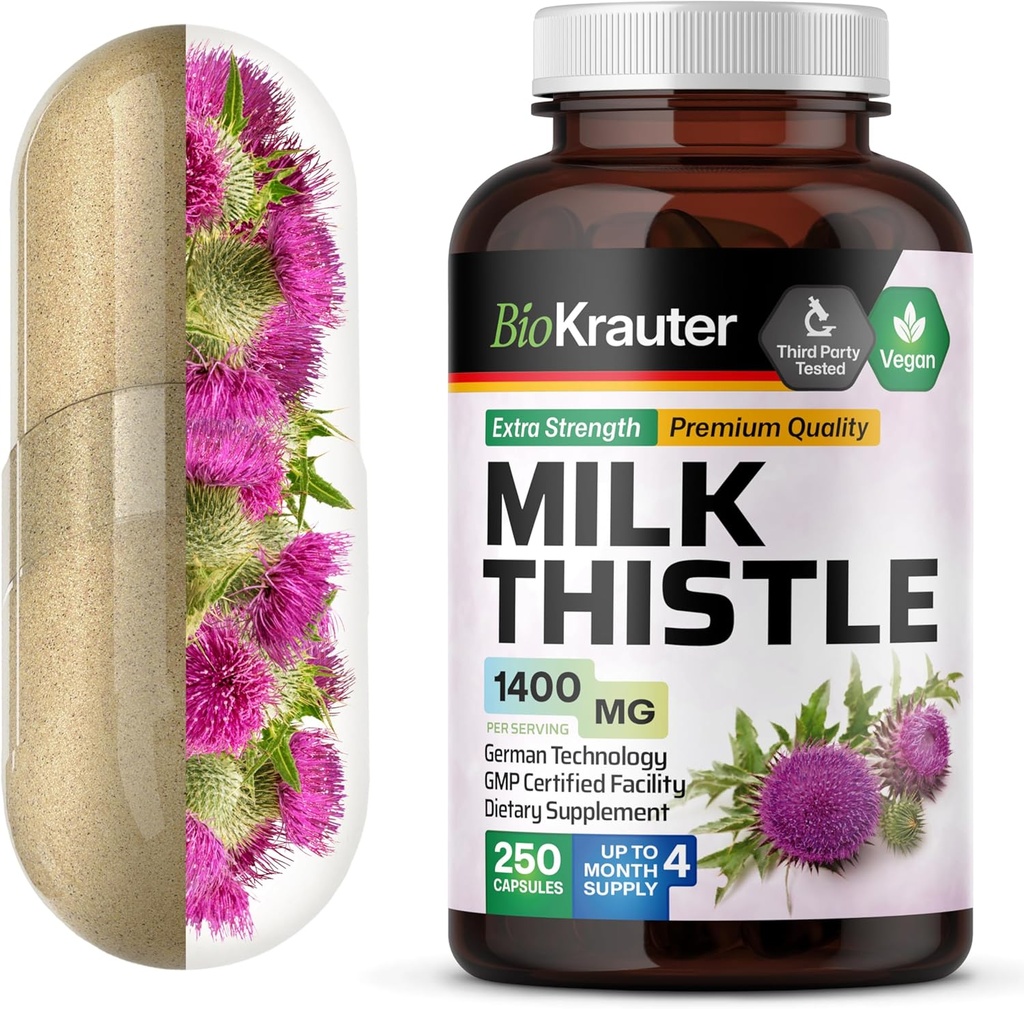 BIO KRAUTER Milk Thittle Capses 1400 mg - 250 Count - Συμπλήρωμα ήπατος Detox & Cleanse - Κάψουλες Vegan Silymarin - Γάλα Thetle Powder - Μη ΓΤΟ