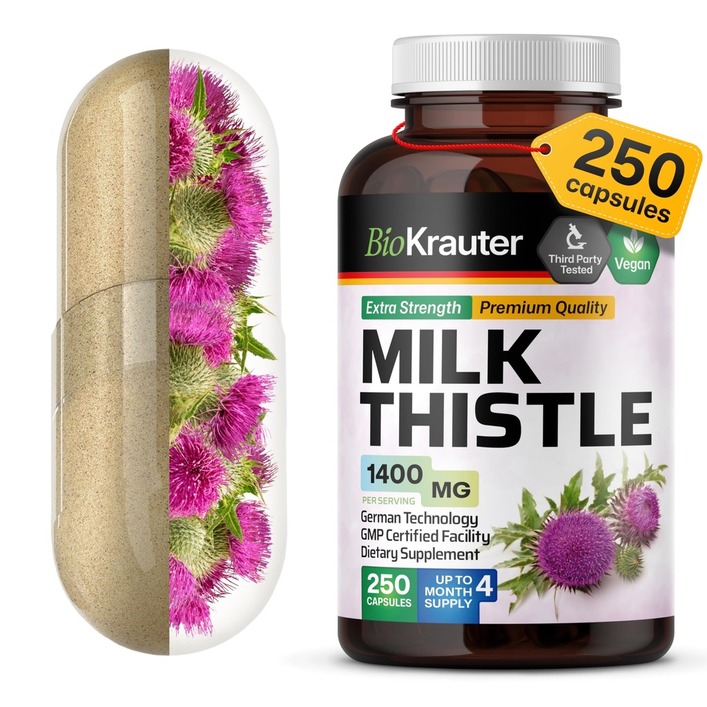 BIO KRAUTER Milk Thittle Capses 1400 mg - 250 Count - Συμπλήρωμα ήπατος Detox & Cleanse - Κάψουλες Vegan Silymarin - Γάλα Thetle Powder - Μη ΓΤΟ