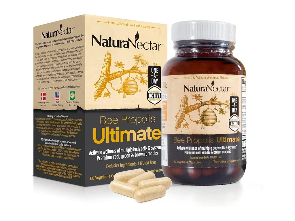 NaturaNectar - Ultimate Bee Propolis Capsules - NSF Contents Sertifikalı -Brazilian Red, Brown, & Green - Gluten-Free Supplement with Flavonoids - Natural Sourced Through Ethics Bee protection (60parça).