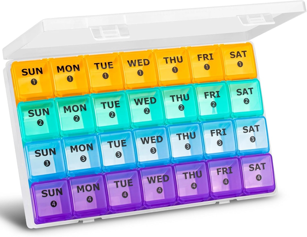 XL Büyük Aylık Pill Organizer 4 Hafta, 28 Günlük Pill Organizer Haftalık, Seyahat Davası ile Büyük Karşılaşma, 7 Gün Pill 4 Times a Day, Medicine Organizer Box for Vitamin, Fish Oil Oil